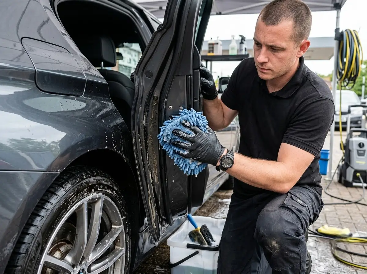 Hand washing wheel arch and door shut detail, best hand car wash Witham