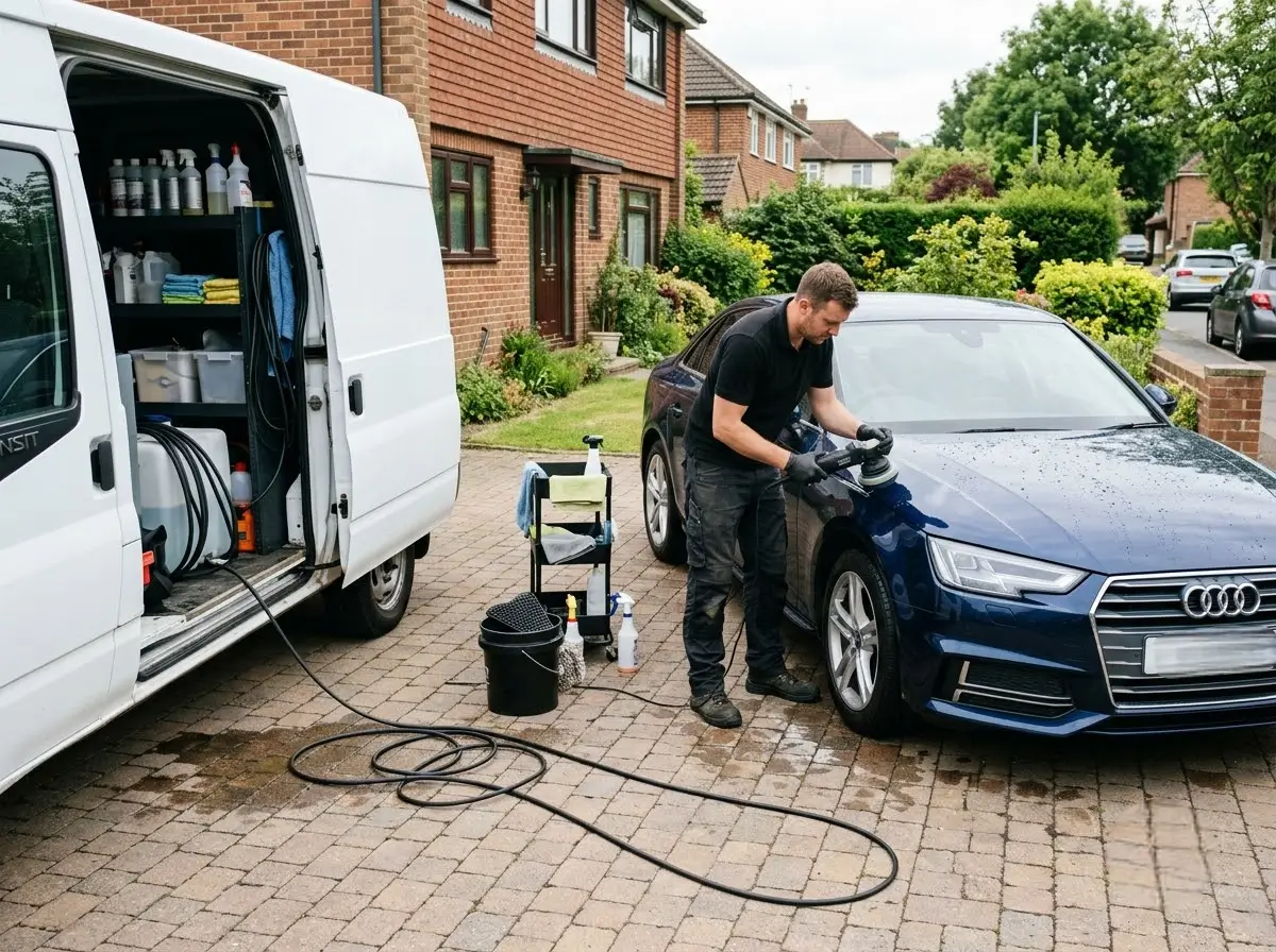 Mobile car valet van in Witham driveway