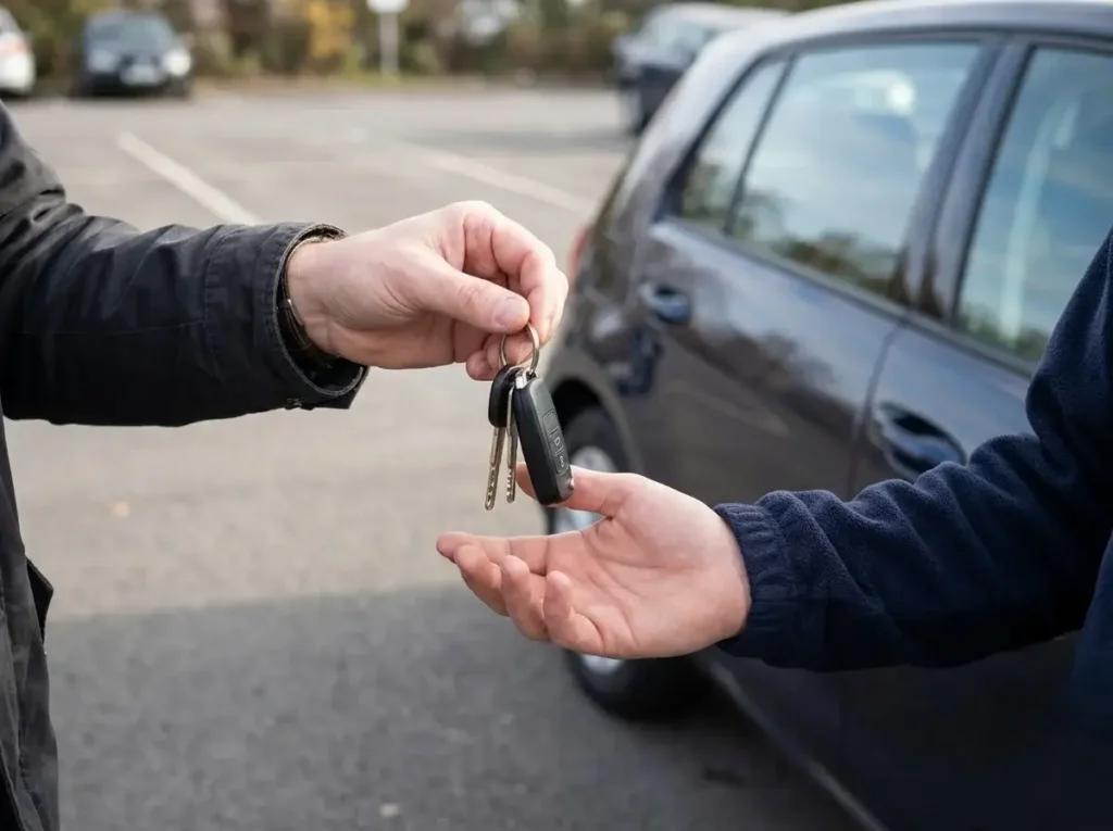Customer handing car keys to a valeter beside a clean car, car wash near me in Witham