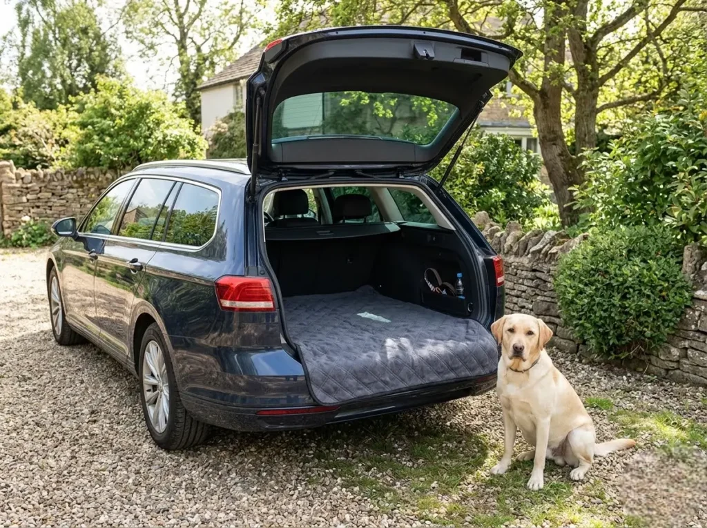 Tidy estate car with a clean dog blanket and a labrador, best hand car wash for families and pet owners