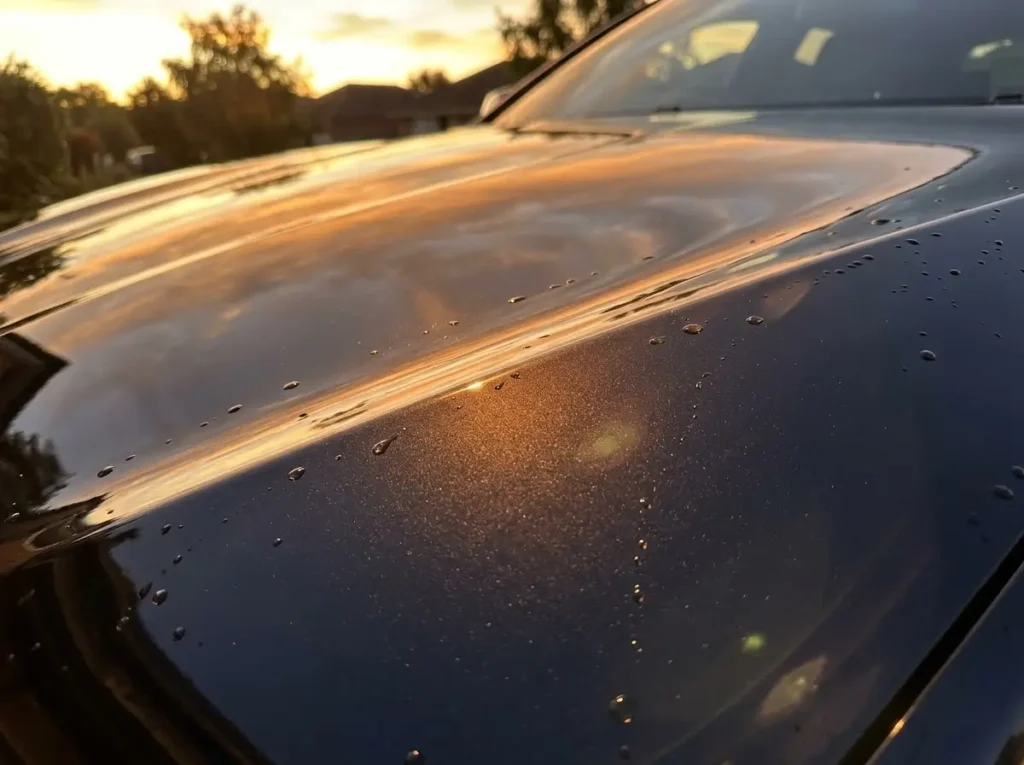 Light reflecting across a freshly hand-washed dark bonnet, best hand car wash vs automatic paint protection