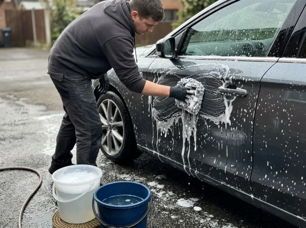 Valeter washing a dark car with two buckets on the ground, best hand car wash two- bucket method