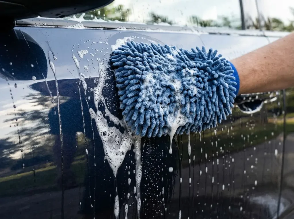 Microfibre mitt gliding over a glossy car door with soap suds, cheap car wash near me pricing