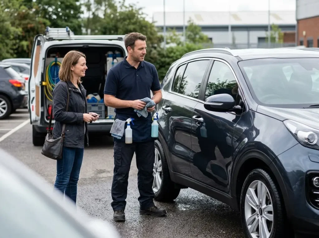 Valeter and customer talking beside a freshly cleaned car, good value cheap car wash near me