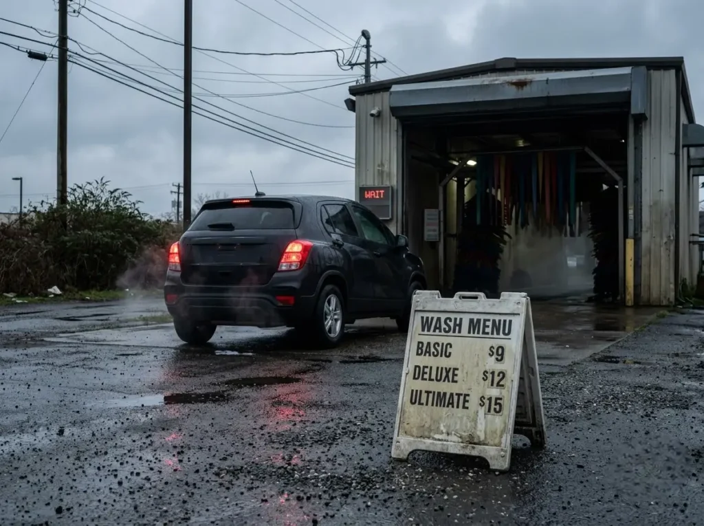 Car waiting at a car wash entrance beside a price board, cheap car wash near me