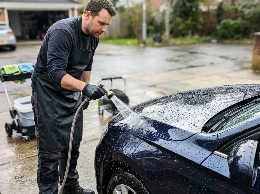 Valeter gently rinsing a car with a low flow of water, swirl-free car wash in Witham
