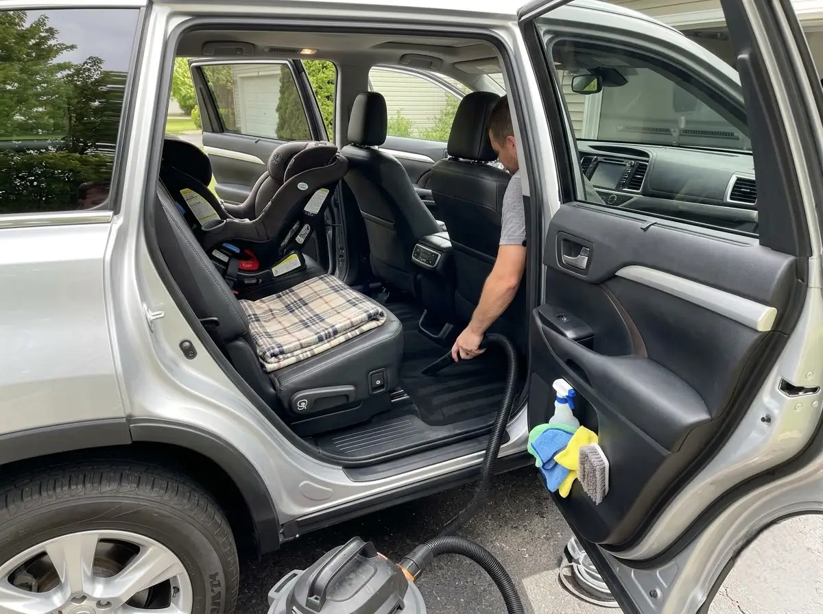 Family car interior being vacuumed with a child seat and dog blanket, best hand car wash for families and pet owners