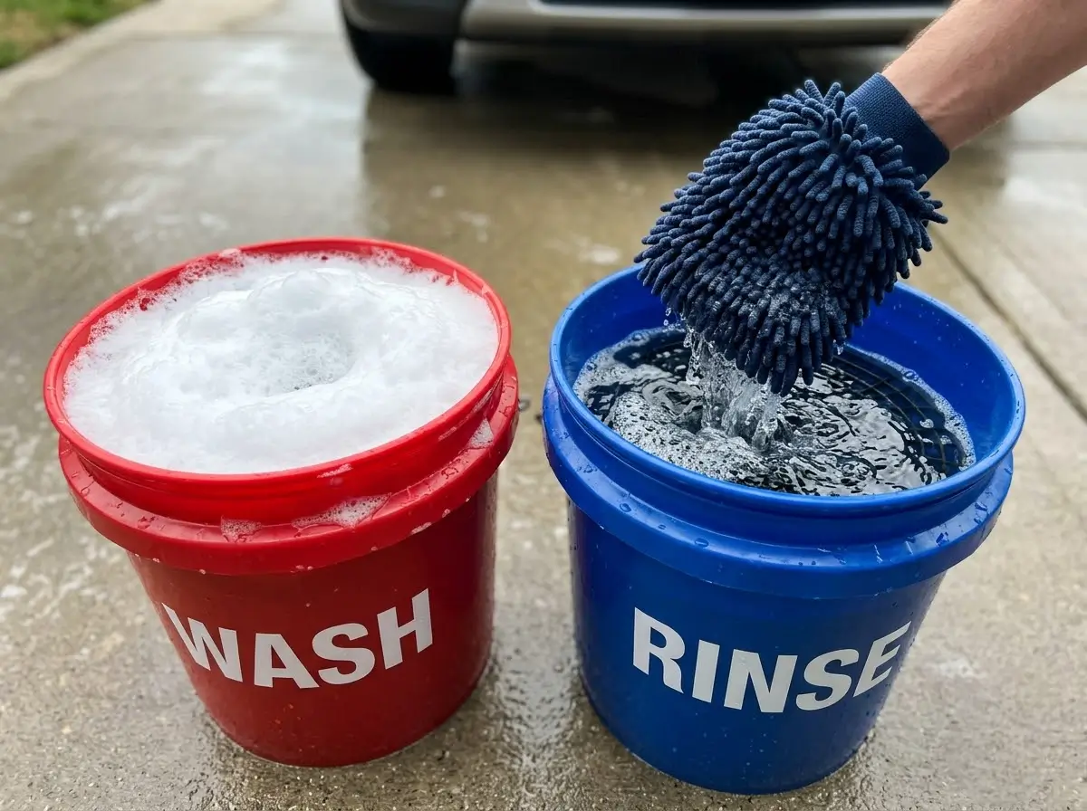 Two wash buckets side by side with a microfibre mitt, best hand car wash two-bucket method