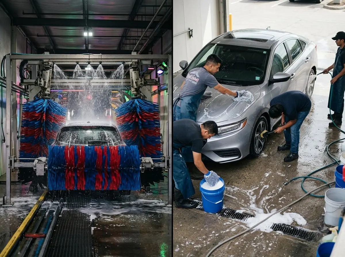 Automatic car wash tunnel beside a hand wash team, cheap car wash near me pricing