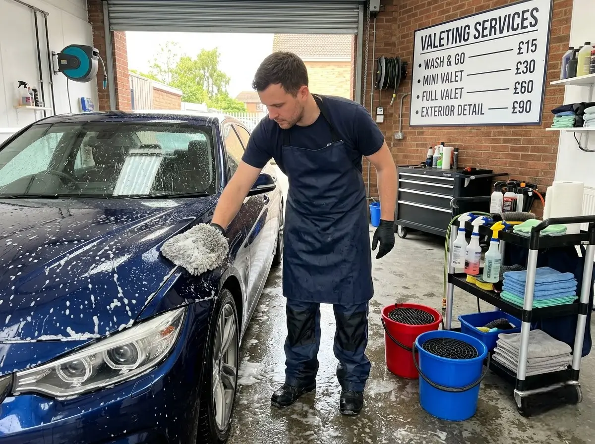 Valeter hand-washing a car with proper technique, cheap car wash near me good value