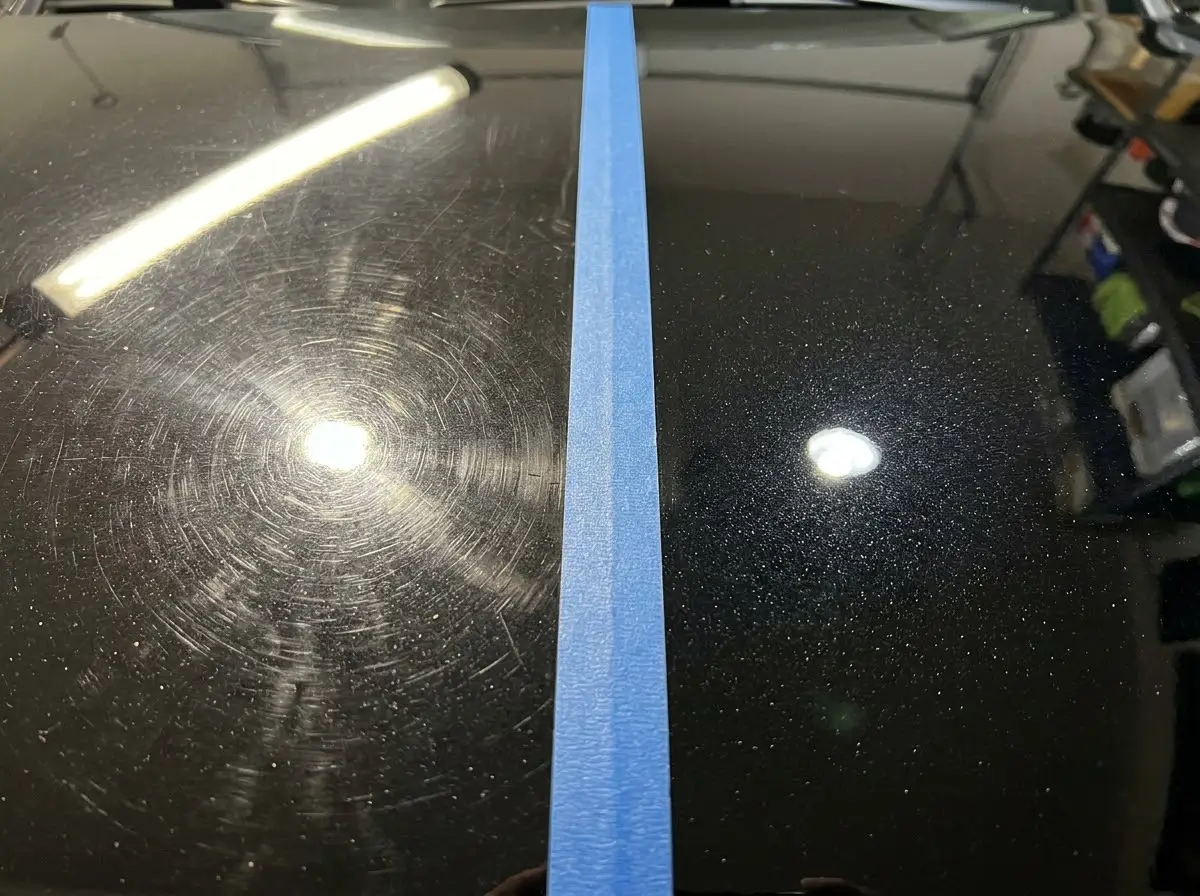 Car panel with fine swirl marks beside an undamaged finish, cheap car wash near me