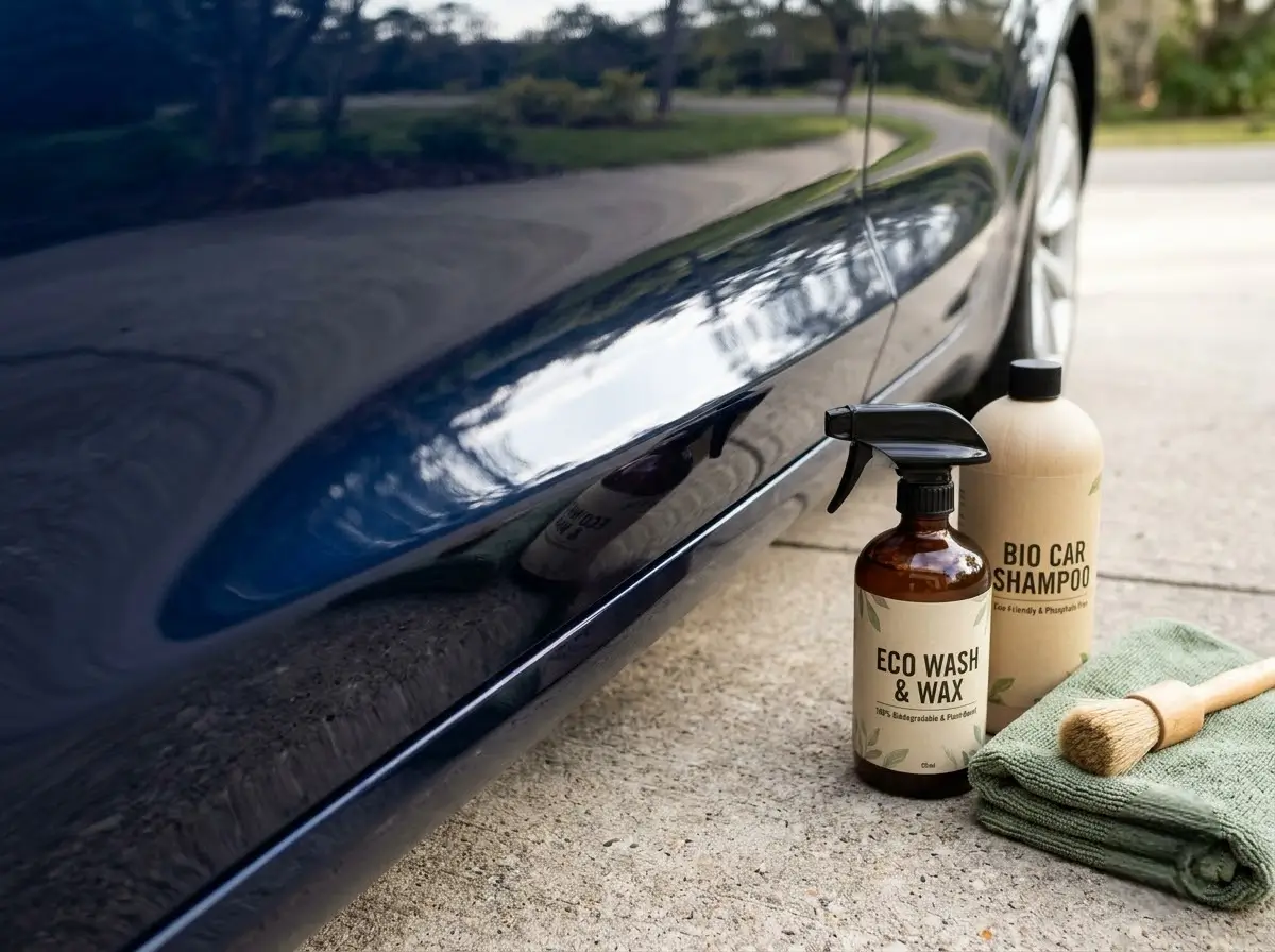 Swirl-free car panel reflecting light beside eco-friendly cleaning products