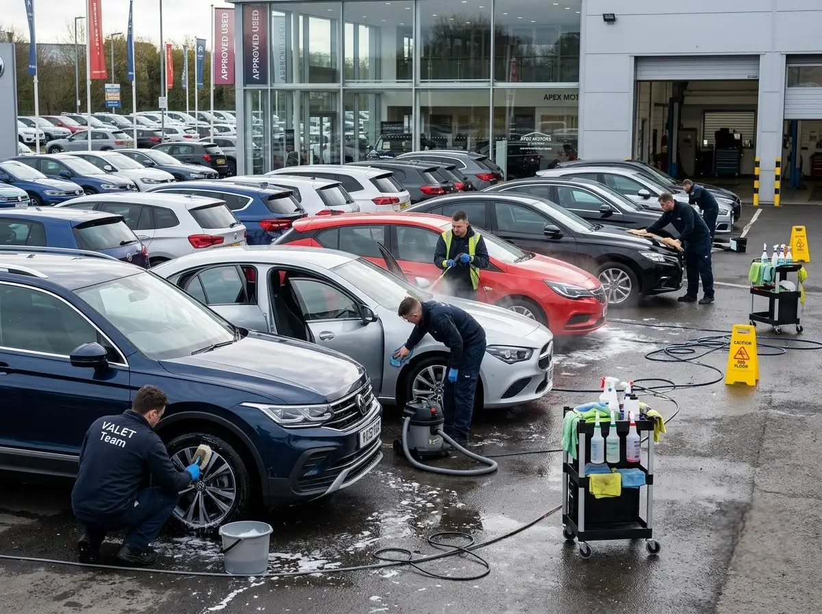 Dealership forecourt vehicles being valeted, top-rated car wash in Witham for fleets