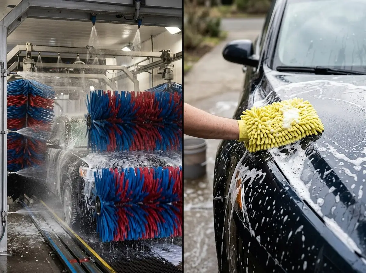 Automatic brush rollers beside a hand-washed car being wiped with a microfibre mitt