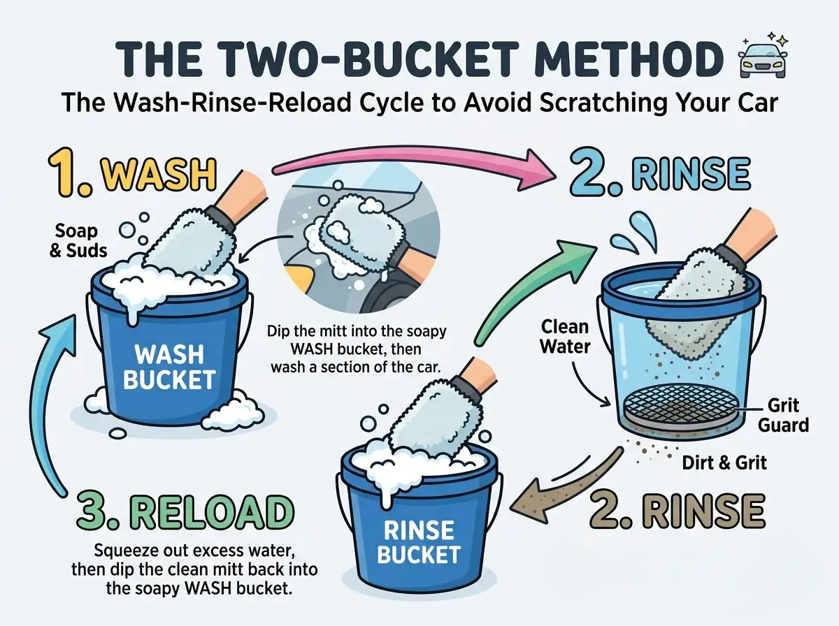 Two-bucket method steps diagram showing the wash, rinse and reload cycle