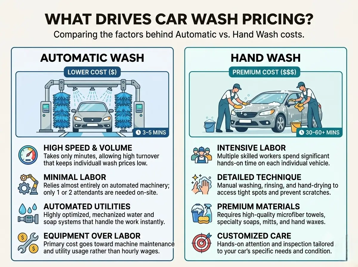 Cost breakdown of automatic wash versus hand wash pricing infographic