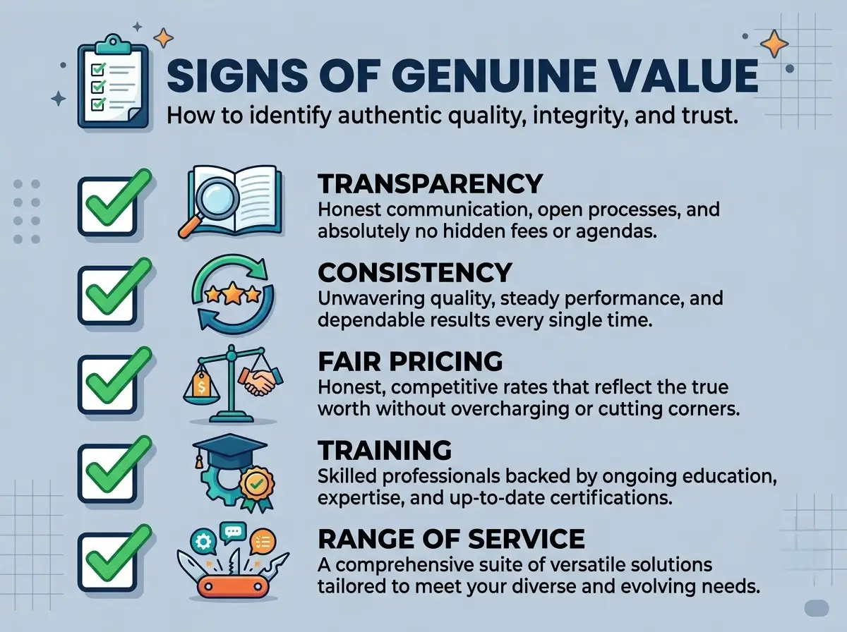 Signs of genuine value in a cheap car wash, checklist infographic