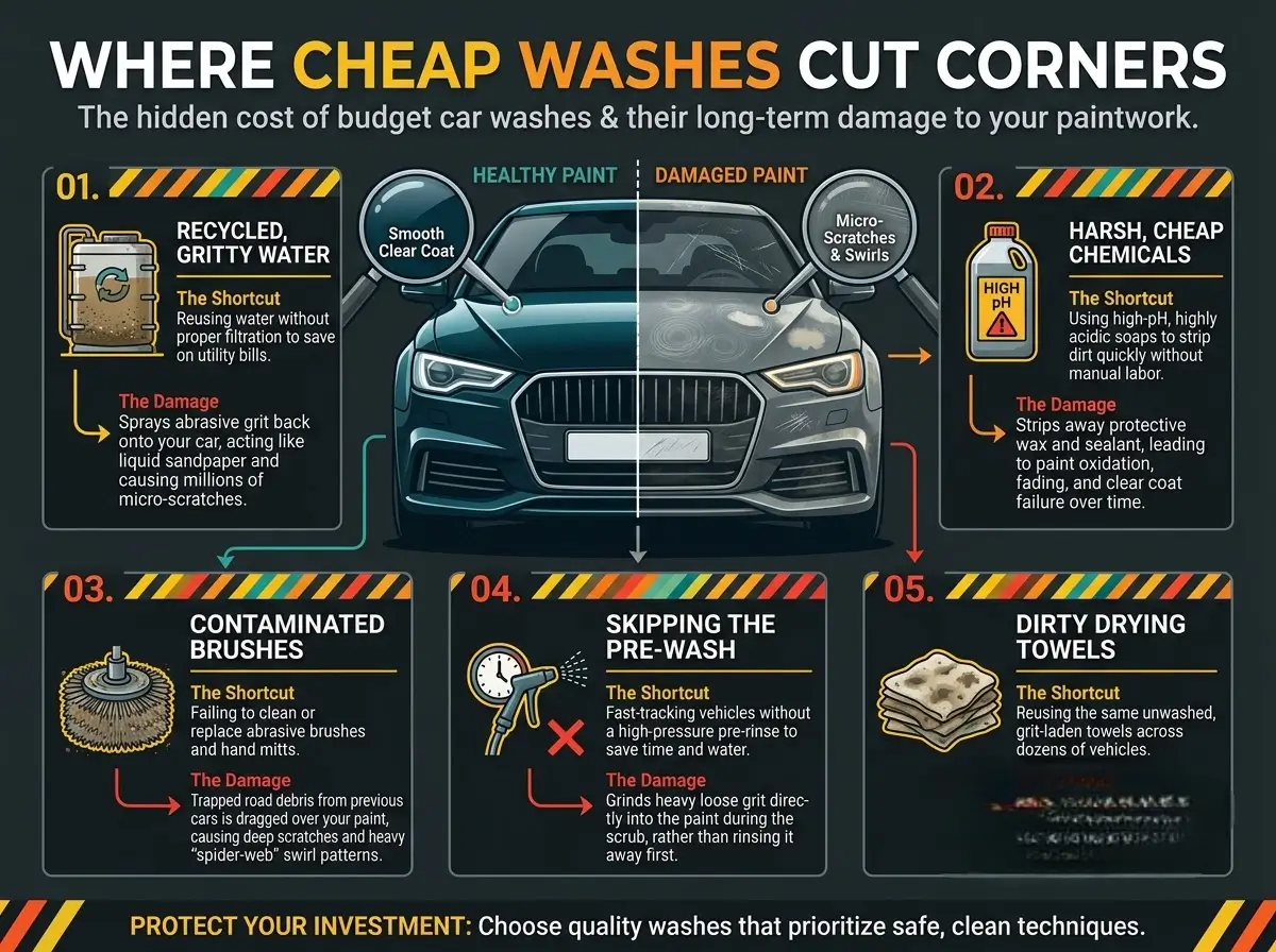Where cheap car washes cut corners, five shortcuts and their effect on paintwork
