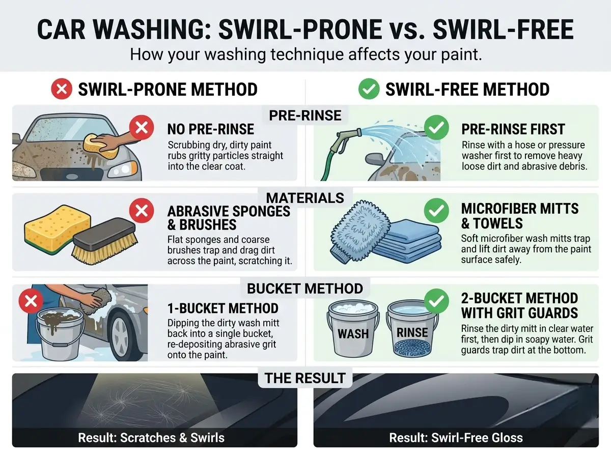 Swirl-prone versus swirl-free car washing technique infographic