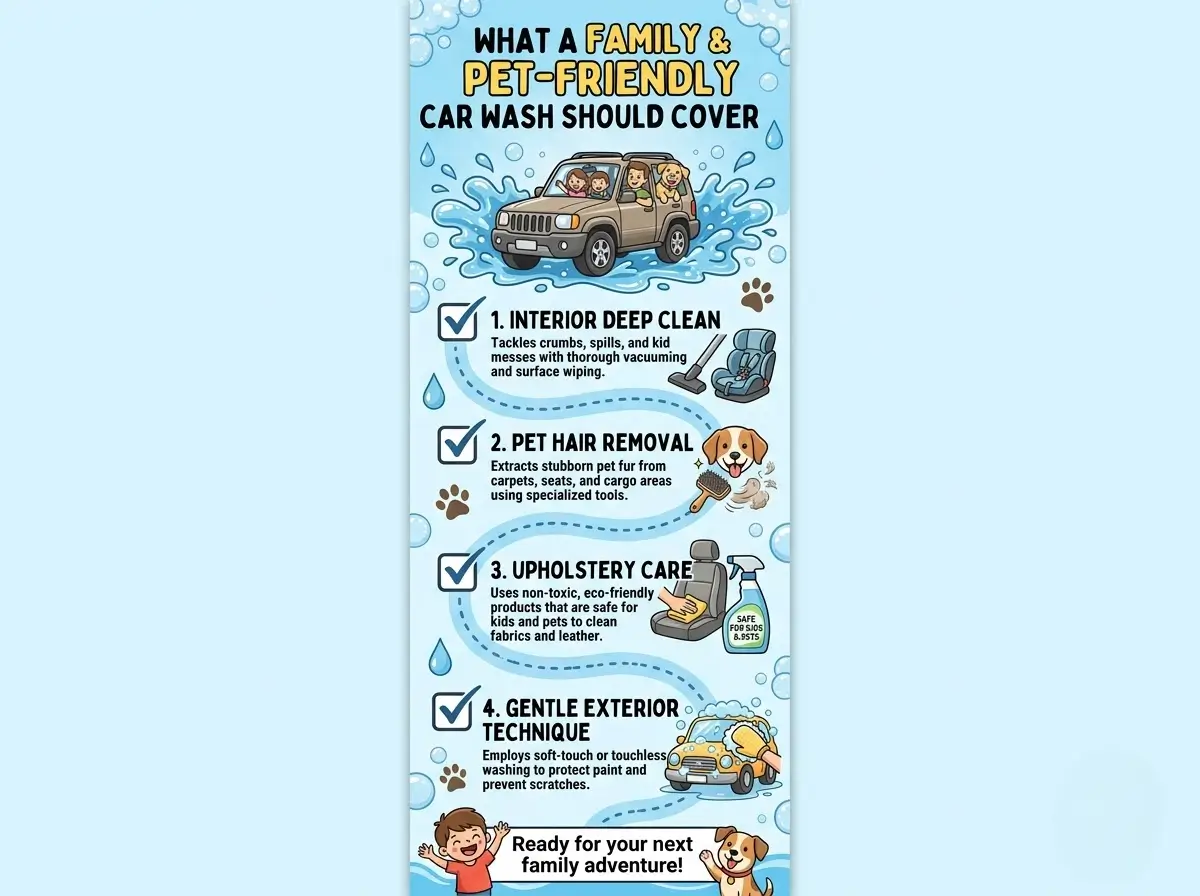 Checklist of what a family and pet-friendly car wash should cover