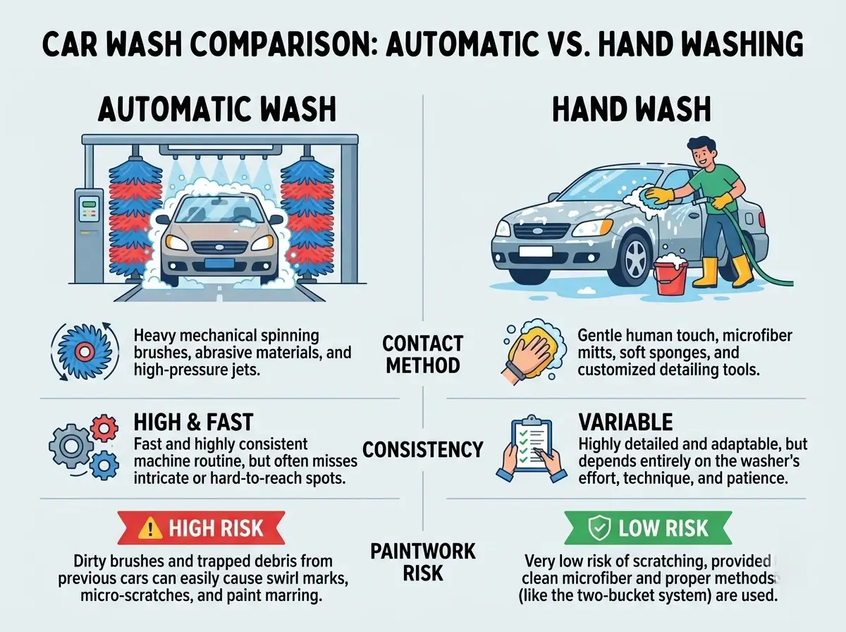 Hand wash versus automatic wash paintwork risk comparison infographic
